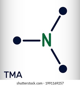 Trimethylamine, TMA molecule. It is amine, methylamine, synthesized by microbial enzymes in gut with involvement of dietary components. Skeletal chemical formula. Vector illustration