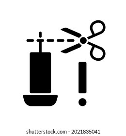 Trimming candle wick black glyph manual label icon. Prevent large, uneven flame. Control melted wax amount. Silhouette symbol on white space. Vector isolated illustration for product use instructions