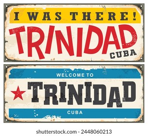 Carteles retro de Trinidad Cuba ambientados con tipografía colorida. Ciudades del Caribe y destinos de viaje Ilustración vectorial vintage.