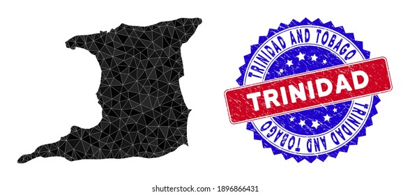 Trinidad Island map polygonal mesh with filled triangles, and grunge bicolor stamp seal. Triangle mosaic Trinidad Island map with mesh vector model, triangles have various sizes, and positions,