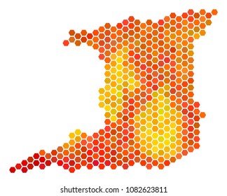 Trinidad Island map. Vector hex tile geographic scheme drawn with hot color tinges. Abstract Trinidad Island map mosaic is formed with fired hexagon spots.