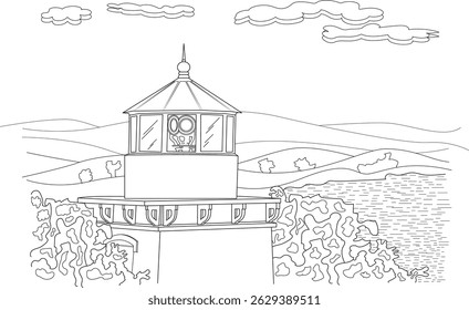 Trinidad Memorial Lighthouse California Line Art, Black and white outline drawing of the Trinidad Memorial Lighthouse in California, situated on a hill overlooking the water with clouds and hills in