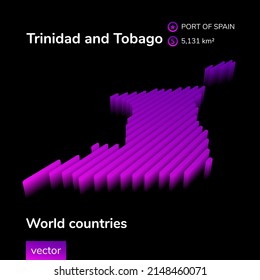 Trinidad and Tobago 3D map. Stylized neon simple digital isometric striped vector Trinidad and Tobago Map is in violet colors on black background