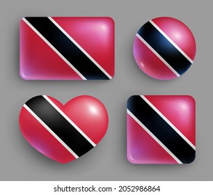 Trinidad and Tobago country flag glossy button set. American Island state national flag, shiny geometric shape badges, symbols in patriotic colors realistic vector illustration