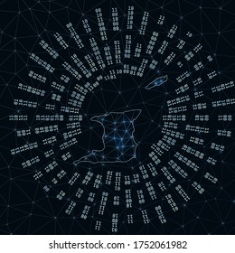 Trinidad and Tobago digital map. Binary rays radiating around glowing country. Internet connections and data exchange design. Vector illustration.