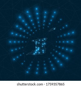 Trinidad and Tobago digital map. Glowing rays radiating from the country. Network connections and telecommunication design. Vector illustration.