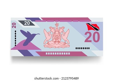 Trinidad and Tobago dollar Vector Illustration. Trinidad and Tobago money set bundle banknotes. Paper money 20 TTD. Flat style. Vector illustration.