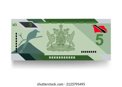 Trinidad and Tobago dollar Vector Illustration. Trinidad and Tobago money set bundle banknotes. Paper money 5 TTD. Flat style. Vector illustration.