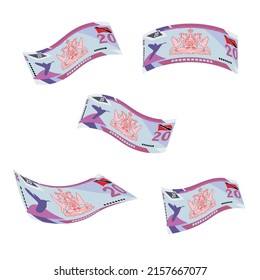 Trinidad and Tobago dollar Vector Illustration. Trinidad and Tobago money set bundle banknotes. Falling, flying money 20 TTD. Flat style. Isolated on white background. Simple minimal design.