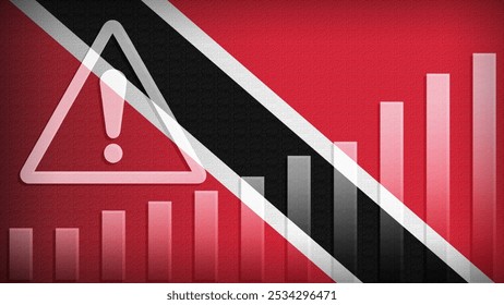 Trinidad and Tobago flag with burlap texture, warning sign, and rising bar chart symbolizing increasing risk or growth challenges in the country. Ideal for data presentations.