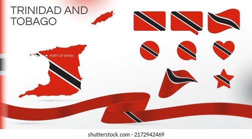 Trinidad and Tobago flags set. Various designs. Map and capital city. World flags. Vector set. Circle icon. Template for independence day. Collection of national symbols. Ribbon flag. North America