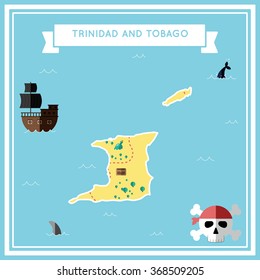 Trinidad and Tobago flat treasure map.. Colorful cartoon treasure map of Trinidad and Tobago with flat icons of pirate ship, jolly roger, treasure chest and banner ribbon.
