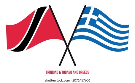 Trinidad  Tobago and Greece Flags Crossed And Waving Flat Style. Official Proportion.