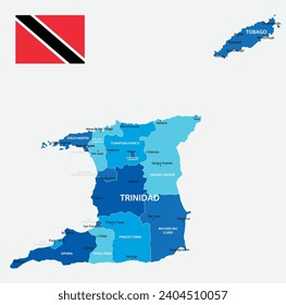 Trinidad and Tobago highly detailed map. Vector blue illustration with borders, cities and national flag