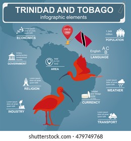 Trinidad and Tobago infographics, statistical data, sights. Scarlet (red) ibis, national symbol. Vector illustration