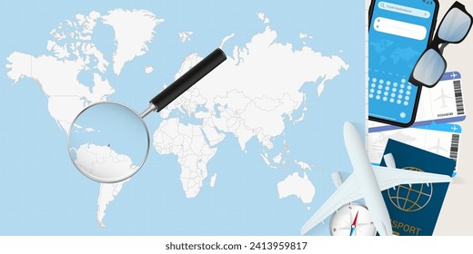 Trinidad and Tobago is magnified over a World Map, illustration with airplane, passport, boarding pass, compass and eyeglasses. Vector illustration.