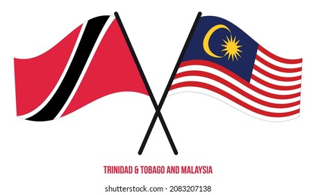 Trinidad  Tobago and Malaysia Flags Crossed And Waving Flat Style. Official Proportion.