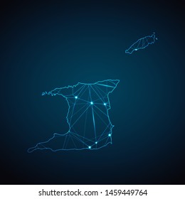 Trinidad and Tobago Map - Abstract geometric mesh polygonal network line, structure and point scales on dark background with lights in the form of cities. Vector illustration eps 10.