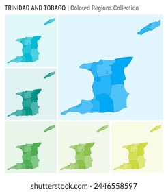 Trinidad and Tobago map collection. Country shape with colored regions. Light Blue, Cyan, Teal, Green, Light Green, Lime color palettes.
