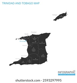 Trinidad and Tobago map high detailed with administrative divide by state, capital cities names, outline simplicity style. Vector illustration EPS10.