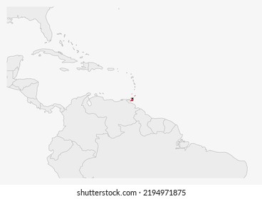Trinidad and Tobago map highlighted in Trinidad and Tobago flag colors, gray map with neighboring countries.