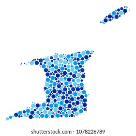 Trinidad And Tobago Map mosaic of spheric dots in variable sizes and blue color tints. Random round elements are grouped into Trinidad And Tobago Map mosaic. Vector geography blue map design concept.