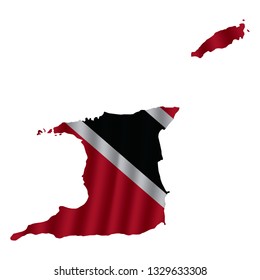 Trinidad and Tobago map with rippled flag on white illustration. Waving Fabric Flag Map of Trinidad and Tobago. Map of South America. Vector White Background. Vector illustration eps10.