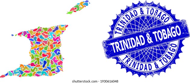Trinidad and Tobago map vector image. Splash mosaic and rubber mark for Trinidad and Tobago map. Sharp rosette blue mark with text for Trinidad and Tobago map.