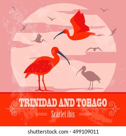 Trinidad and Tobago national symbols. Scarlet (red) ibis. Retro styled image. Vector illustration