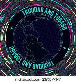 Trinidad and Tobago on globe. Satelite view of the world centered to Trinidad and Tobago. Bright neon style. Futuristic radial bricks background. Authentic vector illustration.