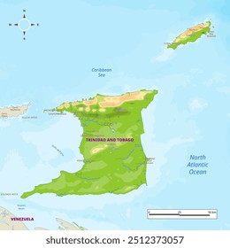 Mapa físico de Trinidad e Tobago com fronteiras nacionais, rios e lagos, montanhas, parques, rotulagem