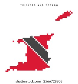 Trinidad and Tobago pixel flag map icon. 8 bit pixel art Republic of Trinidad and Tobago map covered with flag. Flat vector illustration isolated on white background.