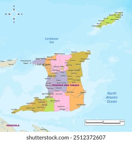 Trinidad and Tobago political map with capital , cities, towns, national borders, rivers and lakes. labeling