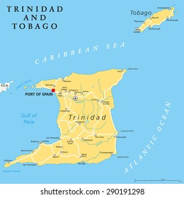 Trinidad and Tobago political map with capital Port of Spain. Twin island country in the Windward Islands and Lesser Antilles. English labeling and scaling. Illustration.