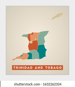 Trinidad and Tobago poster. Map of the country with colorful regions. Shape of Trinidad and Tobago with country name. Charming vector illustration.
