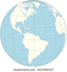 Trinidad and Tobago presented at the heart of the orthographic world projection, has rich biodiversity and cultural vibrancy in the Caribbean.