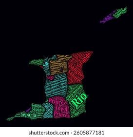 Trinidad and Tobago Regions Word Clouds. Bright neon style design on a dark background. Region names of the country in the English language. Country shape with administrative division.