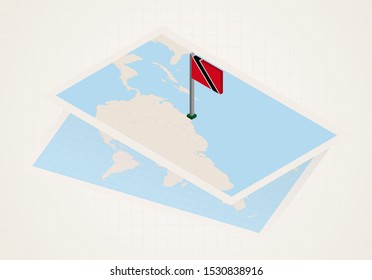 Trinidad and Tobago selected on map with isometric flag of Trinidad and Tobago. Vector paper map.