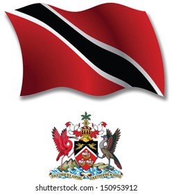 trinidad and tobago shadowed textured wavy flag and coat of arms against white background, vector art illustration, image contains transparency transparency