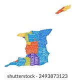 Trinidad and Tobago shape. Country word cloud with region division. Trinidad and Tobago colored illustration. Region names cloud. Vector illustration.