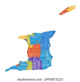 Trinidad and Tobago shape. Country word cloud with region division. Trinidad and Tobago colored illustration. Region names cloud. Vector illustration.