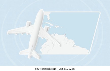 Trinidad and Tobago Travel Illustration with Plane and National Flag. Ideal for travel agencies, promotional materials, or geographic content related to Trinidad and Tobago.