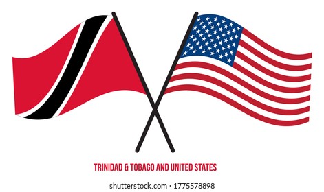 Trinidad & Tobago and United States Flags Crossed And Waving Flat Style. Official Proportion.
