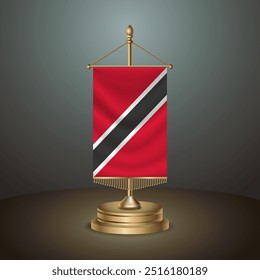 Trinidad and Tobago Vertical table flag with golden pole on dark gradient background, Template banner vector Illustration