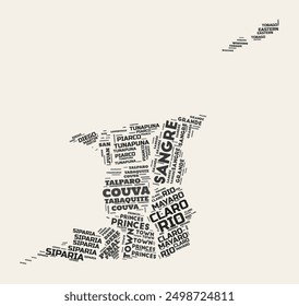 Trinidad and Tobago Word Cloud. Country with regions division. Trinidad and Tobago typographic text clouds vector image design. Vintage gazette style country shape image.