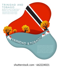 Trinidad and Tobago : World Flag in paper cut shapes with trees and mountains in the layers : Vector Illustration