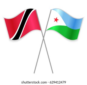 Trinidadian and Djiboutian crossed flags. Trinidad and Tobago combined with Djibouti isolated on white. Language learning, international business or travel concept.