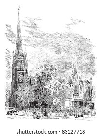Catedral de la Trinidad en Newark, Nueva Jersey, Estados Unidos, ilustración vintage. Enciclopedia Trousset (1886-1891).