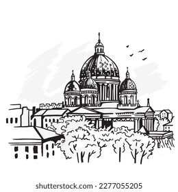 Trinity cathedral in St. petersburg black and white graphic sketch