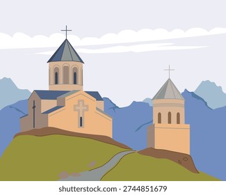 Trinity Church in Gergeti, near Mount Kazbek. View of the ancient church in the Georgian village of Gergeti. Vector illustration of Georgian landmark. Scene at the foot of the mountain range.